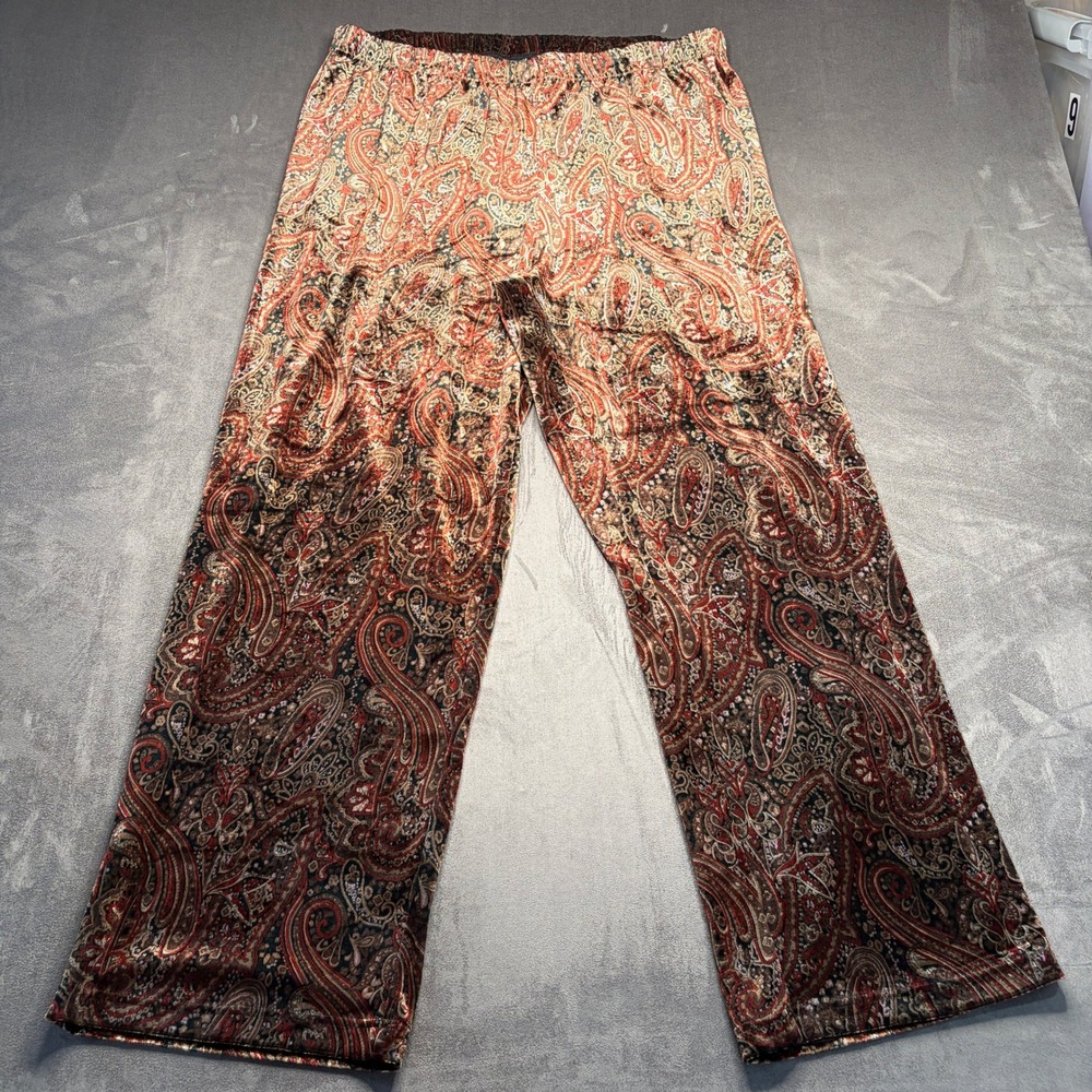 Coldwater Creek Velour Pants Women XL Brown Paisley Pull On Wide Leg Earthy Fall